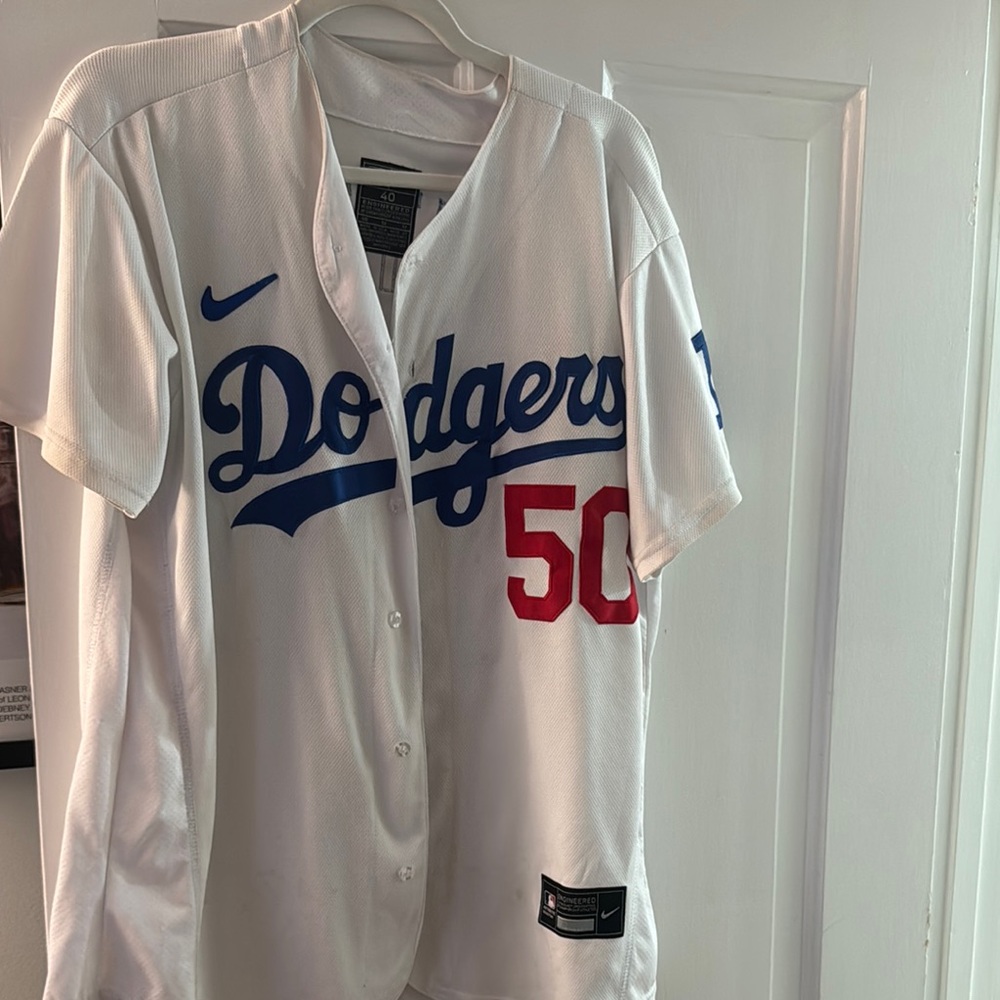 Nike Dodgers White and Blue Jersey